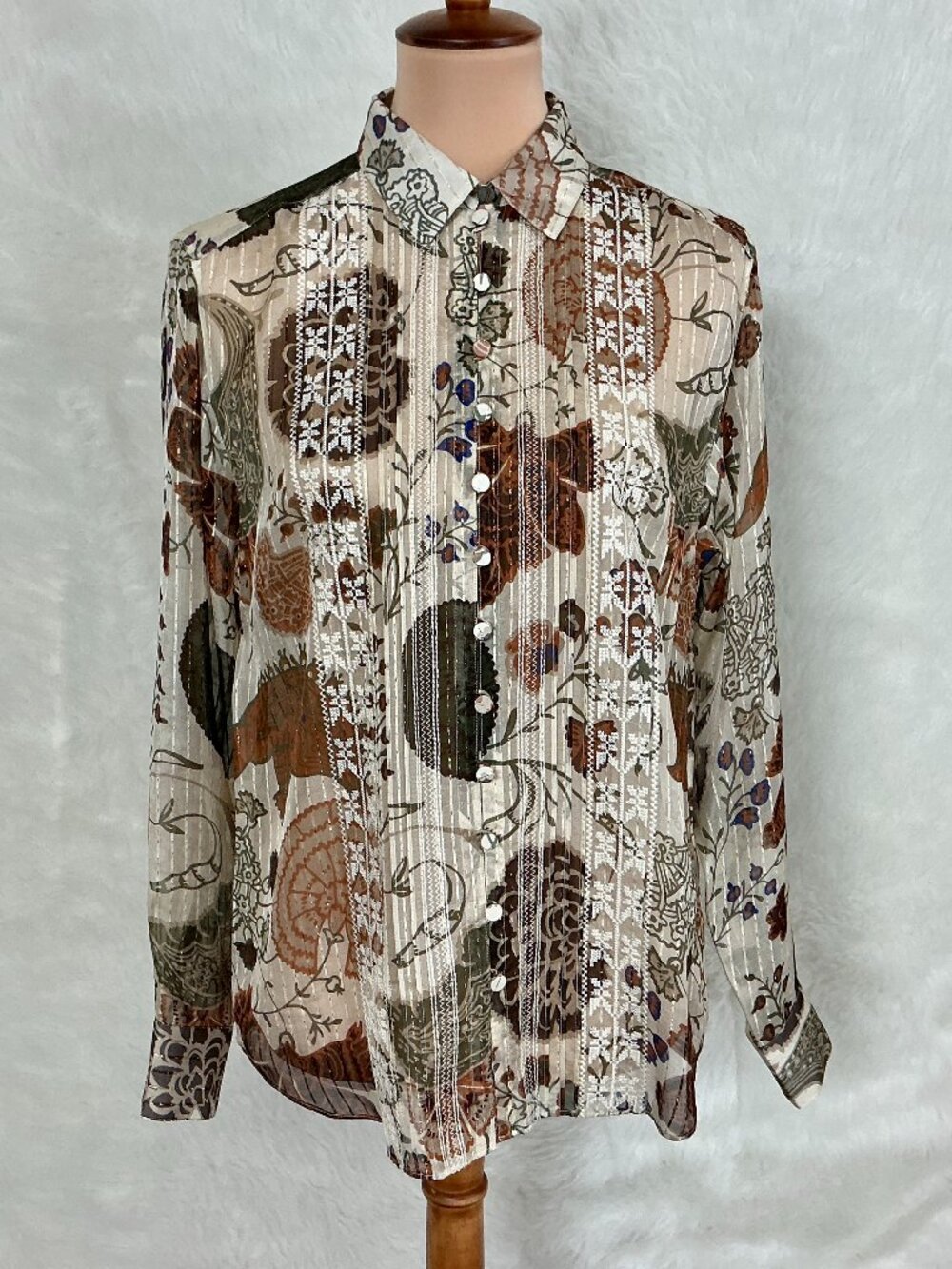 Lafayette 148 Buff Multi Bohemia Bloom Embroidered Silk Metallic Blouse S